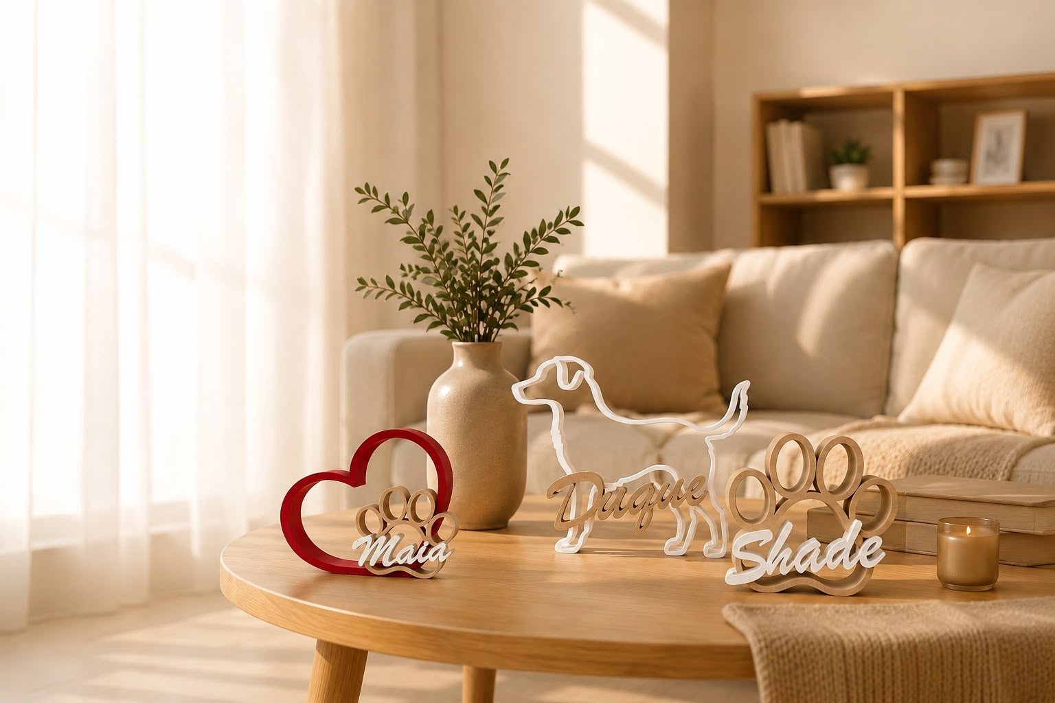 Silhuetas personalizadas Maia, Duque e Shade sobre mesa de centro